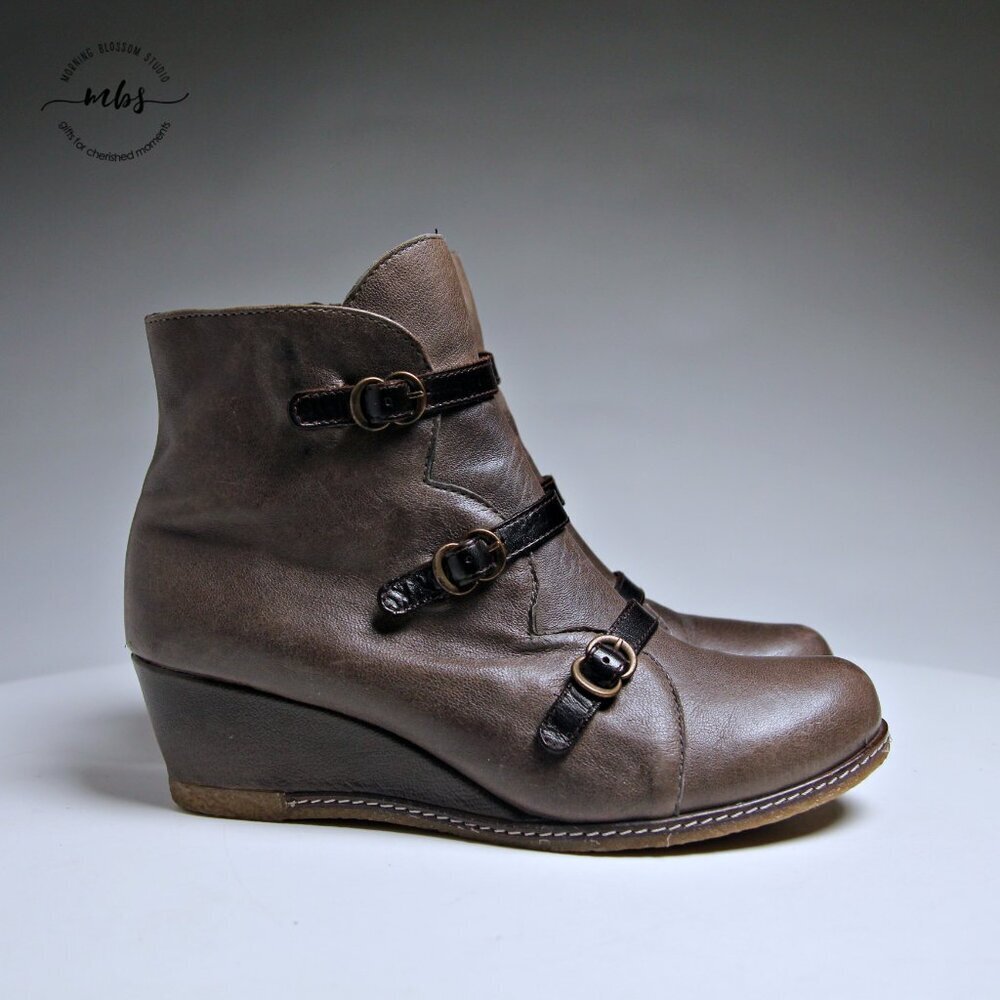 Eric Michael Lena Leather Buckles Side Zip Wedge Booties